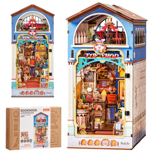 Rolife DIY Book Nook Kit, 3D Wooden Puzzle Bookends, Vintage Toy Store Bookshelf Insert, Miniature Dollhouse Birthday Gift for Teens & Adults (Treasure Toy Shop)