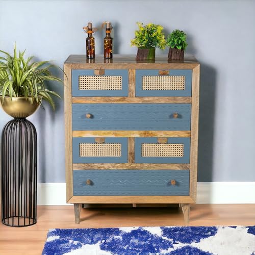 Image of Solid Wood Luffy Chest of Drawer | Dresser with 6 Drawers | Wooden Chest of Darwers | Chest of Drawers with Cane /Rattan | Finish- Grey and Natural