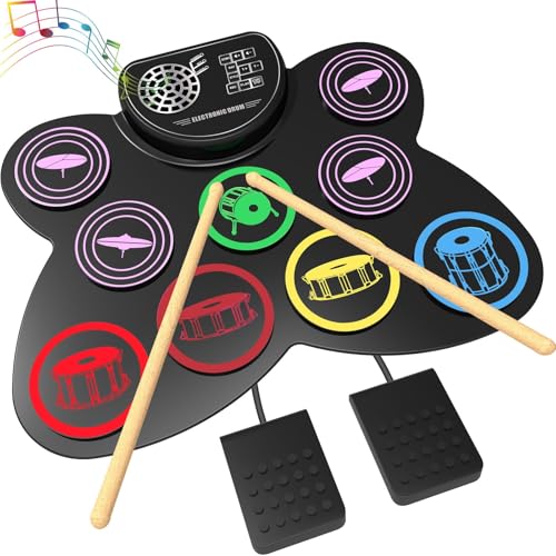 Azonee 9-Pad Portable Electric Drum Set for Kids and Beginners with Built-in Speakers Headphone Jack and Rechargeable Battery Roll Up Electronic Drum Pads with Foot Pedals Drumsticks