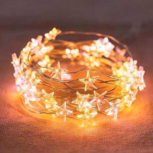 HHMTAKA Stringa di stelle di Natale con 40 micro LED bianchi caldi su filo argentato a batteria, 4 m, per qualsiasi decorazione