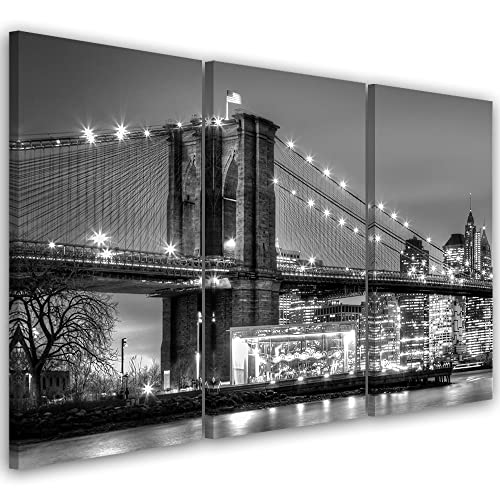 Feeby 3 pièces Tableau déco mural 60x40 cm Manhattan Le pont de Brooklyn New York Image décoration Murale Design Chambre d'enfant Immeubles Fleuve Grattes...