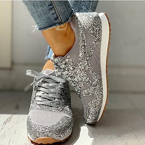 Jonuiony Women's Fashion Casual Breathable Crystal Bling Lace Up Sport Shoes Sneakers Glitter Tennis Sneakers Comfy Sparkly Rhinestone Bling Running Shoes Shiny Sequin Flat Heel Shoes(Metallic,11) #TOP3