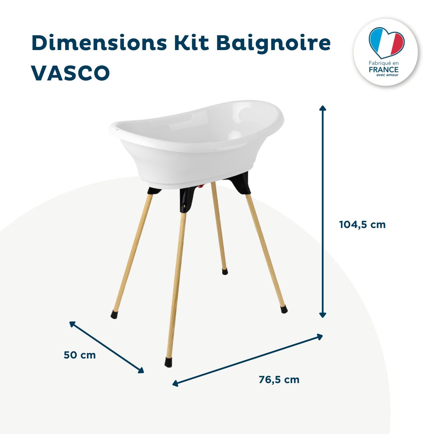 THERMOBABY Vasco Baignoire Bébé Pliable avec Pied en Bois et Tuyau de Vidange - Blanc Muguet