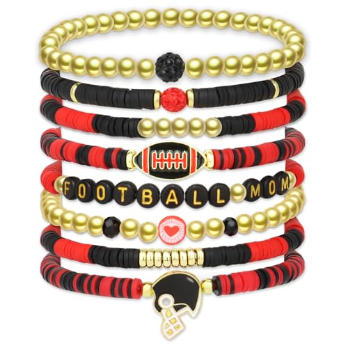 YARIEW Football Mom Bracelets for Women Football Bracelets Red Blue Beaded Bracelets for women Elastic Charm Bracelet Football Mom Accessories Game Day Outfits Jewelry Gifts