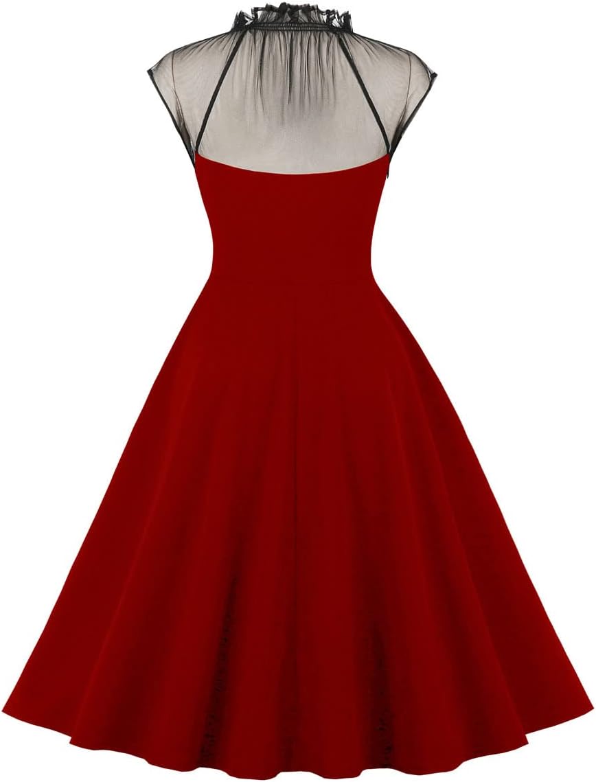 Women Ruffle Mock Neck Frill Trim Mesh Corset Dress Keyhole Buttons Sleeveless Patchwork A Line Flared Party Dress Vintage Cocktail Dresses for Women Wedding Prom Short Bridesmaid Dress Wine Red S - Image 2