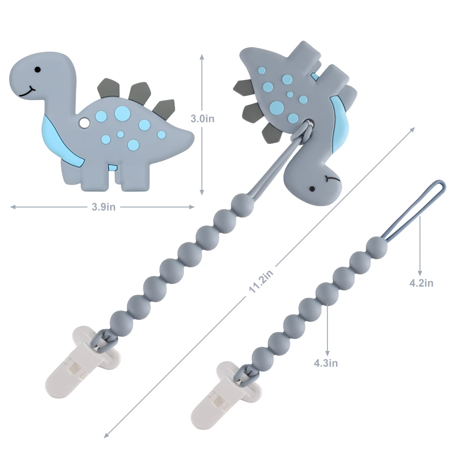 Juguetes de dentición para bebés de 3 a 6 a 12 meses, juguete de dinosaurio para aliviar el dolor con diseño de una sola pieza, juego de soporte para chupete, apto para congelador, regalo neutro para 4