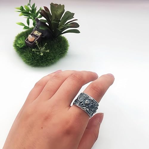 Miniatura 6 de Anillo de peonía negra ancha y sólida de plata esterlina 999, joyería vintage para mujer, 0.59 pulgadas, abierto y ajustable