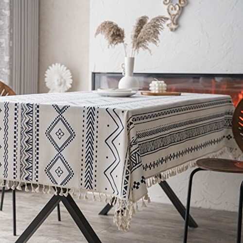 Artbud White Blue Boho Wipeable Tablecloth For Rectangle Tables Waterproof Coating Spill-Proof Table Cover Heavy Weight Tabletop For Kitchen Dining Party Table Décor Square, 55"×55"(4-6 Seats) #TOP3