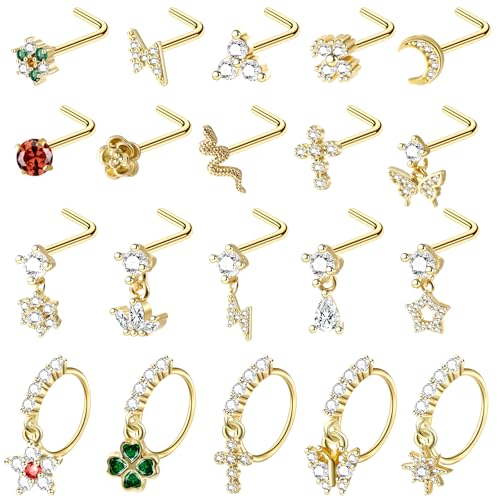 20Pcs 20G Dangle Nose Rings Gold Nose Studs L Shaped Gold Nose Hoop Hypoallergenic Stainless Steel Nose Piercings CZ Flower Moon Butterfly Star Leaf Dangling Nose Jewelry for Women