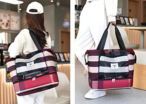 New Foldable Dry/Wet Separation Travel Duffel Bag with Shoe Compartment Large Capacity Folding Weekender Overnight Bag Lightweight Waterproof Gym Tote Bag (B-Red)2