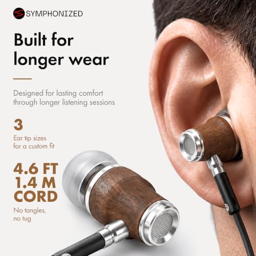 Symphonized Premium Wooden 3.5mm Jack Wired Earbuds with Microphone & Volume Control, Plug in Ear Headphones Wired Earphones with Mic, Corded Ear Buds Wire for Computer, Laptop & Phone with Aux Cord
