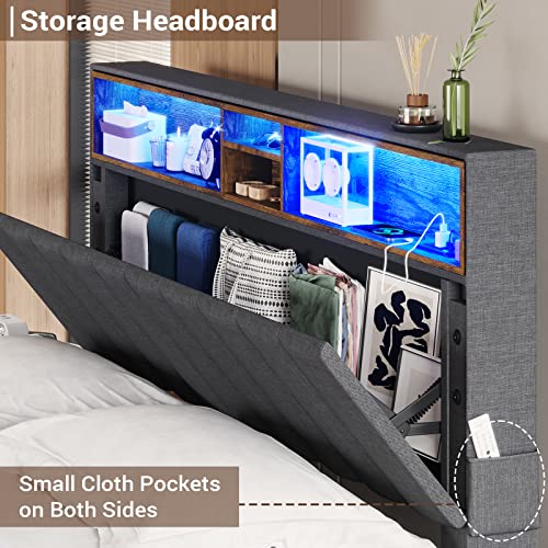 Tiptiper Led Lights Headboard, Platform Bed Frame Queen Size With Outlets And Usb Ports, Upholstered Bed With Storage, No Box Spring Needed, Dark Grey #TOP4