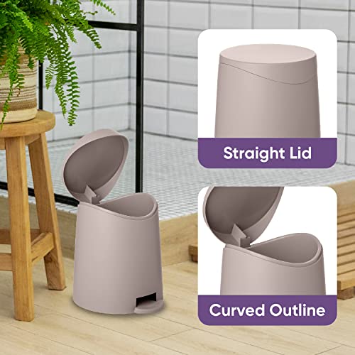 Image of Superio Mini Bathroom Trash Can with Lid 3 Liter, Plastic Waste Bin 0.75 Gallon, Modern Flat Lid Step On Trash Can with Foot Pedal, for Bathroom, Bedroom, Office, Under Desk, Soft Close (2, Taupe)