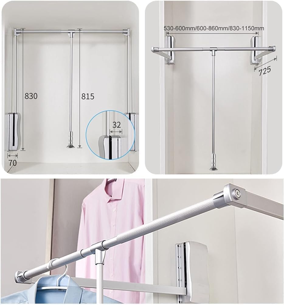 Riel para Colgar Ropa de Armario con elevación Extensible, Ancho Ajustable 830-1150 mm (Largo), Barra para Colgar Ropa con riel Elevador para Armario