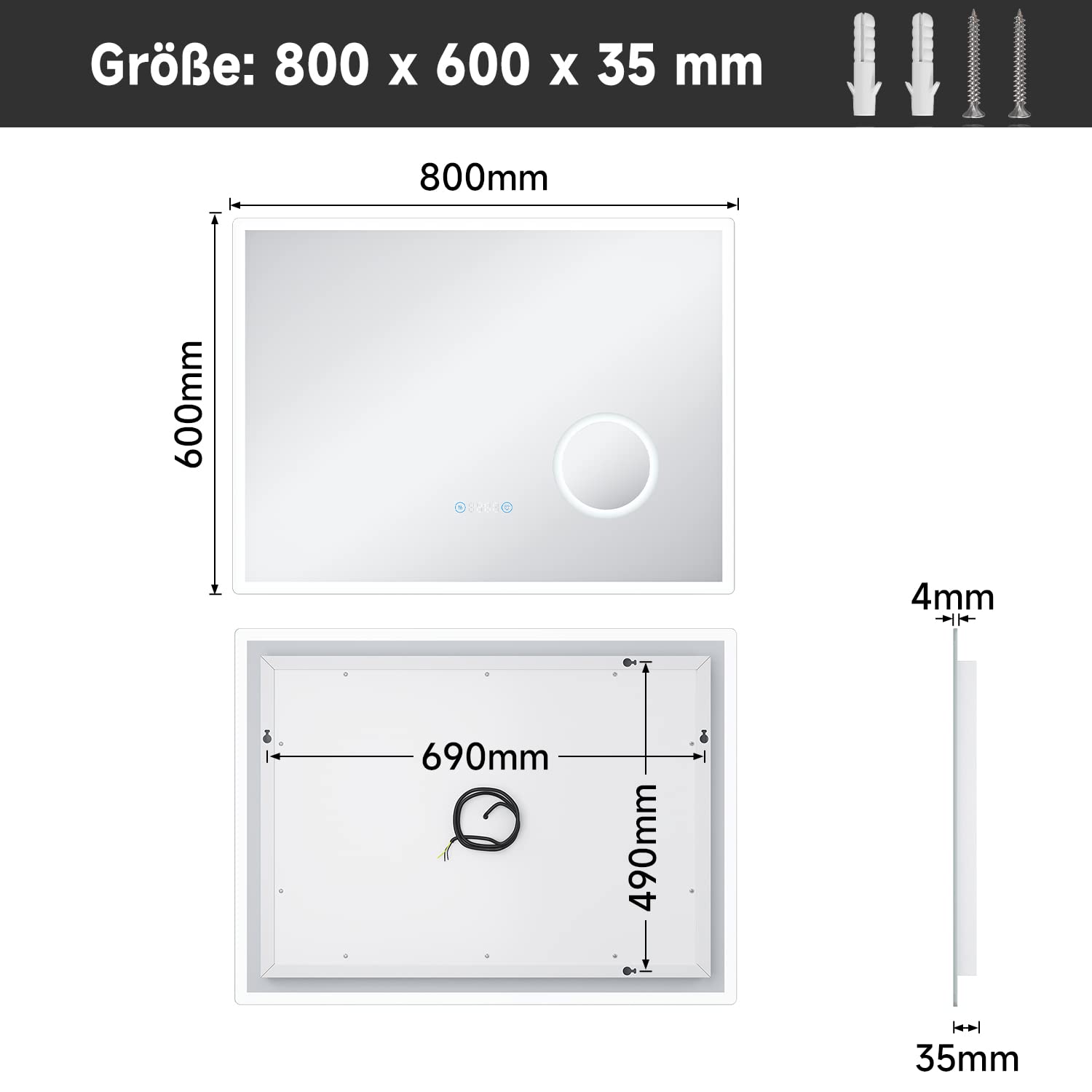 SONNI Badezimmerspiegel mit Beleuchtung 80x60 cm 3 einstellbare Lichtfarbe, Anti-Beschlag LED Badspiegel Lichtspiegel Wandspiegel mit Touchschalter, Uhr, Temperatur, 3-Fach Vergrößerung