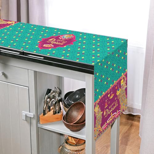 Howaf Happy Diwali Table Runner With Diwali Place Mat For Festival Of Lights Party Decoration, Diwali Diya Table Liner With Placemats For Indian Deepavali Diwali Rangoli Dining Supplies,Set Of 5 thumb #3