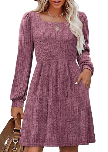 Long Sleeve Knit Dresses for Teens Party Dress with Pockets Purple S