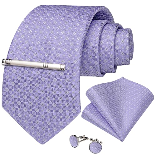 Image of DiBanGu Plaid Ties for Men Silk Checkered Necktie and Pocket Square Cufflinks Tie Clip Set with Gift Box for Wedding Business