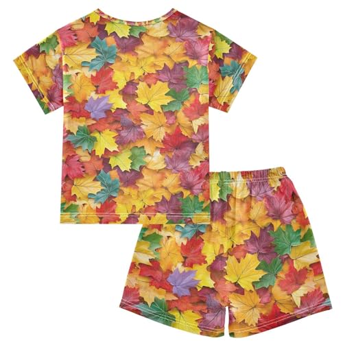 ALAZA Colorful Maple Leaves Autumn Pajamas Set Short Sleeve Cotton Sleepwear Summer Pjs 2 Piece 5-14Y2