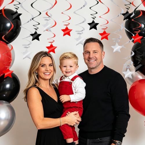 Image of BEISHID Black Red Silver Stars Hanging Swirls Pre-Strung Stars Hanging Decorations for Wedding Baby Shower Birthday Graduation Decorations Supplies,Pack of 15