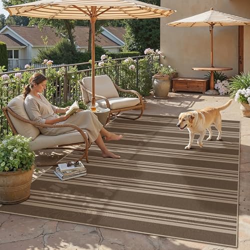 Outdoor Teppich Wohnzimmer 140x200cm Outdoorteppich Wetterfest Balkon Braun Teppiche Jute Optik Waschbarer rutschfest Groß Carpet Terrassen Garten Es