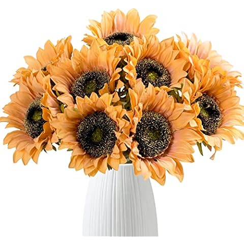 Hawesome Vintage Sunflowers Artificial Flowers 7 Pcs Faux Silk Sunflowers Bouquet Fake Real Touch Long Stems Floral for Wedding Party Centerpieces Home Decoration(Autumn Yellow) Cover