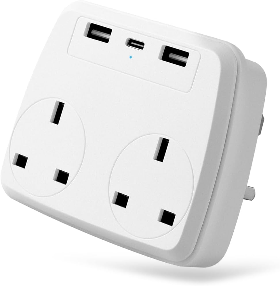 Eli-time Multi Plug Extension Power Adapter with 2 USB,Double Extender Wall Charger Socket 2 Way Dual Multiple Electrical Outlet Adaptor, Charging Station for Home, Office（White）