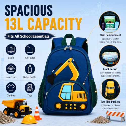 Image of LOIDOU Toddler Backpack Boy for 4-8, Preschool Kindergarten Kids Backpack for School, 15 Inch Toddler Daycare Travel Backpacks with Chest Strap, Excavator Construction Truck Backpacks for Kids
