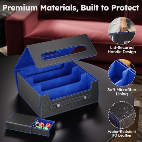 Image of Trading Card Storage Box, 2600+ MTG Deck Box with Magnetic Lid | Handle design with Commander and Toploader displays, dice box, dividers and labels for TCG, MTG, Yu-Gi-Oh! and sports cards