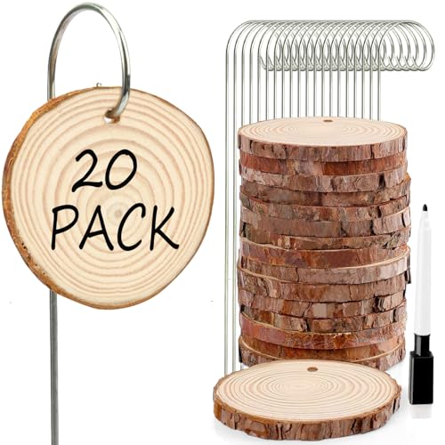 20Pcs Wooden Plant Labels with Marker Pen - Natural Wood Garden Markers, Plant Sign Tags for Flowers, Herbs, Potted Plants - Includes Stainless Steel Stakes & Waterproof Pen