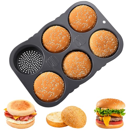 atrccs 6-cavity Silicone Hamburger Bun Pan Nonstick & Heat Resistant Burger Bun Pan Bread Baking Pan for Hamburger Bun English Muffin Cinnamon Roll Mini Sourdough Bread Pans for Homemade Bread