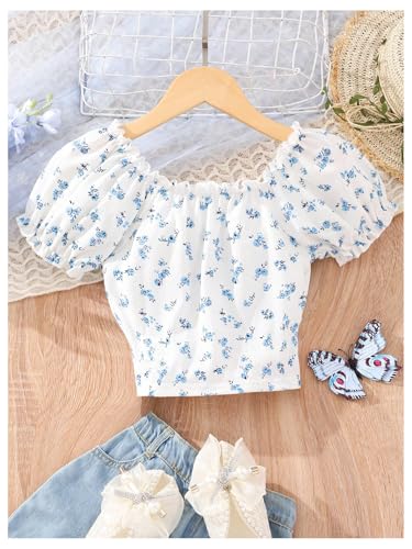 Floerns Girl's Summer Floral Puff Sleeve T Shirts Frill Trim Bow Front Crop Tops2