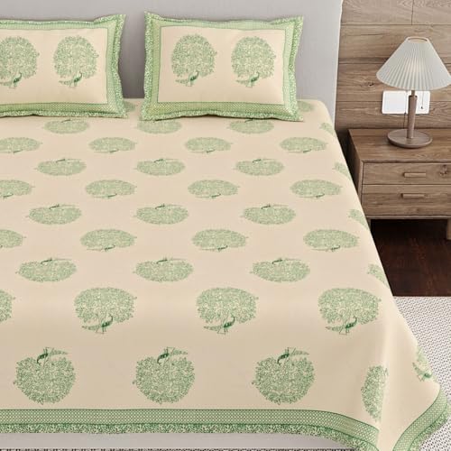 Image of Living Roots Ethnic Jaipur Block Print Double Cotton Bedsheet & 2 Pillow Covers, for Mattress Upto 6 inches Thick, No Colour Bleeding, Leaf Green Colour, King Size 90 * 108 inches, 120TC (605-A)