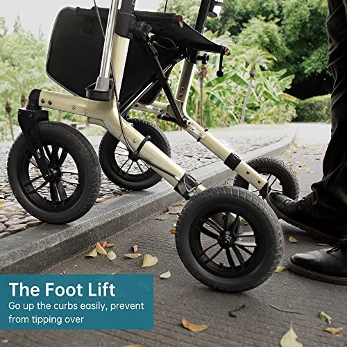 Image of ELENKER All-Terrain Rollator Walker with Non-Pneumatic Tire 12 inch Front Wheels, Compact Folding Design for Seniors (Champagne)