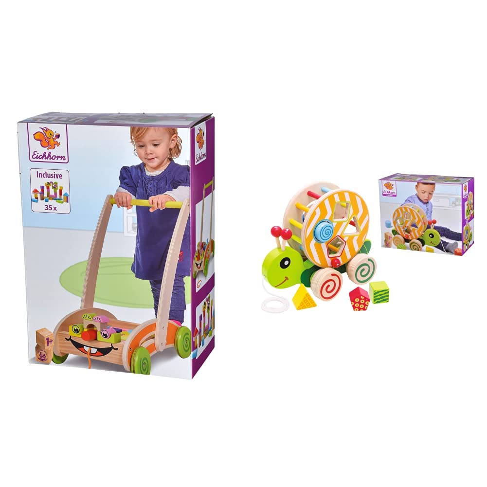 Eichhorn 100001833 - Eichhorn, Spiel- und Lauflernwagen - teilmontiert - 39 x 25 x 44 cm & 100002231 NachziehStecktier, mit 4 versch. Steckbausteinen, Größe: 15x24x19,5cm