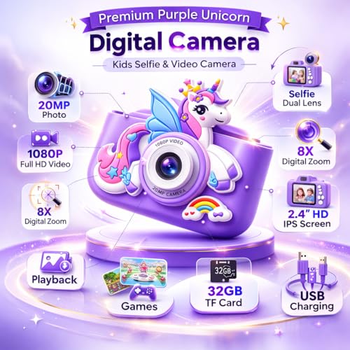 Image of PLUSPOINT Kids Digital Camera, Unicorn Toys Camera with Selfie 1080P HD Video, Christmas Birthday Gifts for Girls, Toddler Digital Camera Toys Gifts for 3+Year Old Girls and Kids