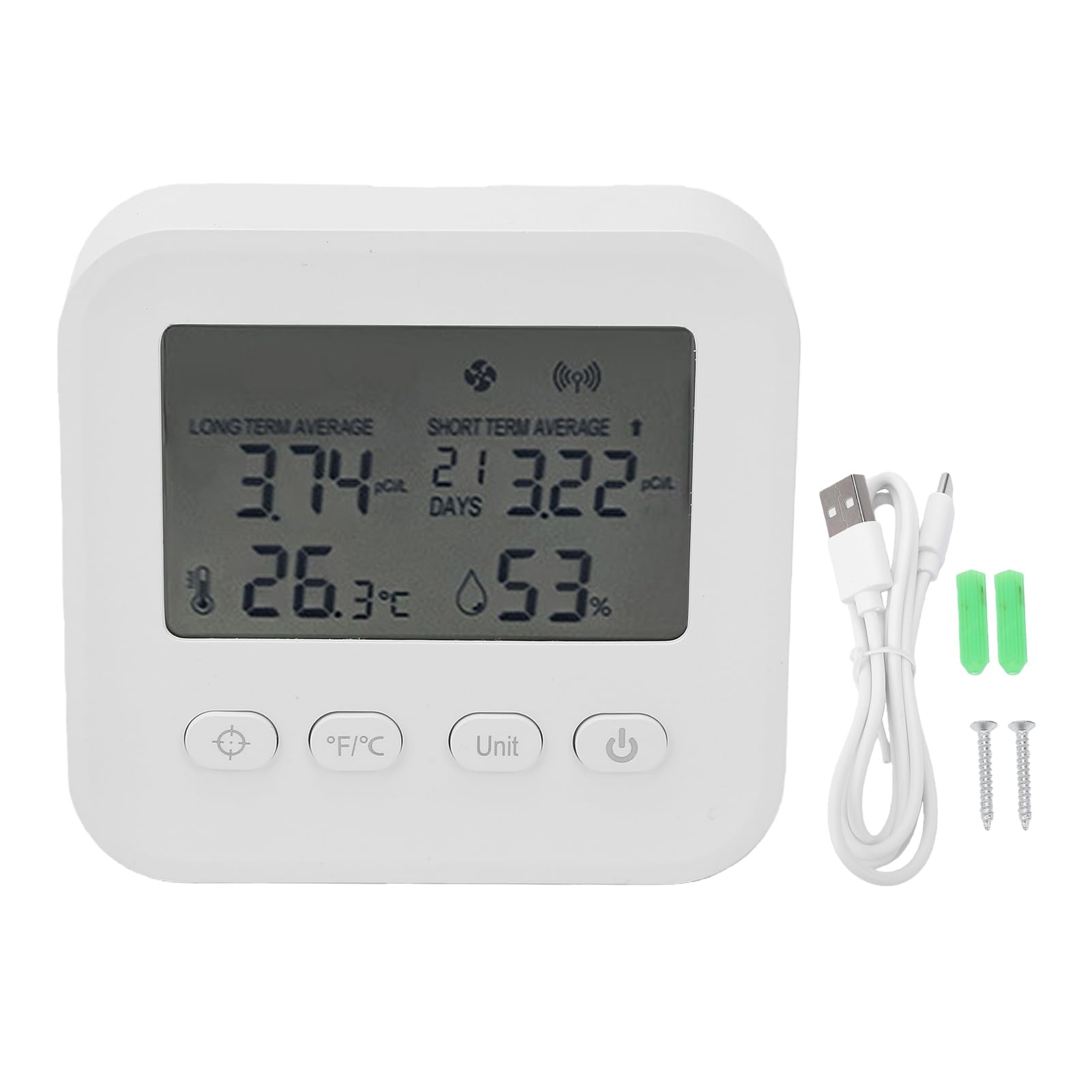 Akozon Detector de Radón Portátil Monitoreo Rápido y Preciso para el Sótano del Hogar con Temperatura Promedio a Largo Plazo Humedad Kit de Prueba 4 en 1 Instalaciones Médicas