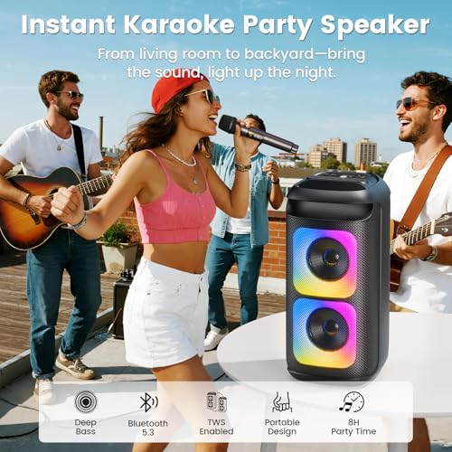 Image of Karaoke Machine with 2 Wireless Microphones, Portable Bluetooth Karaoke for Adults, Powerful Dual 8 inch Subwoofer Karaoke Boombox, LED Lights, 3D Sound, Support TV /USB /AUX /TF for Home Party