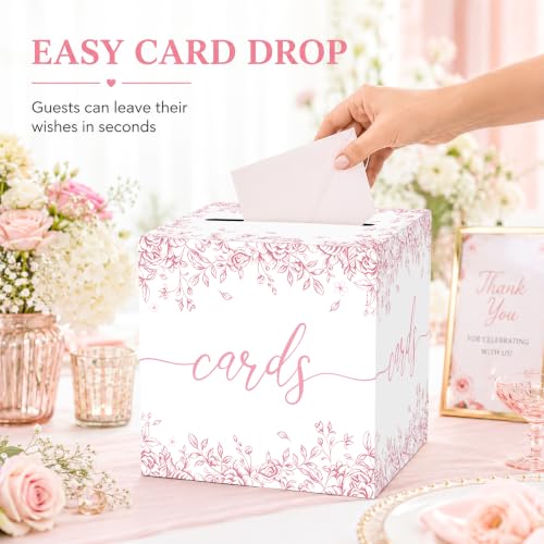 Image of Pink Floral Wedding Card Box with Slot for Baby Shower and Birthday
