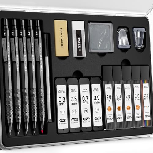 Image of Four Candies Metal Mechanical Pencil Set, 4PCS 0.3, 0.5, 0.7, 0.9MM Mechanical Pencils & 2MM Drawing Pencil with 9 Tubes Lead Refills (4B 2B HB 2H Color) for Student Writing Artist Sketching - Black