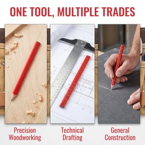 SHOWERORO 48 Pcs Octagonal Carpenter Pencils with Hb Lead for Construction and Woodworking, Precise Marking Tool with Bright Red Wood Body and Integrated Scale, for Concrete and Rough - Image 3