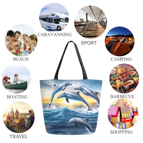 Painting Dolphins Jumping Out Of Ocean Extra Large Canvas Gym Shoulder Tote,Durable Daily Reusable Top Handle Bag for Mens Womens Yoga Weekender Picnic Beach Travel Market Shopping4