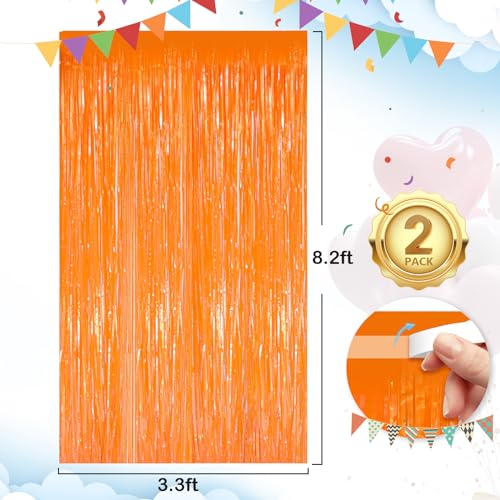 Image of Macaron Orange Fringe Curtain Party Streamers 2Pack 3.3 x 8.3 Ft Foil Fringe Backdrop Curtains for Birthday Wedding Bridal Baby Shower Holiday Tinsel Streamers Orange Party Decorations Door Streamer