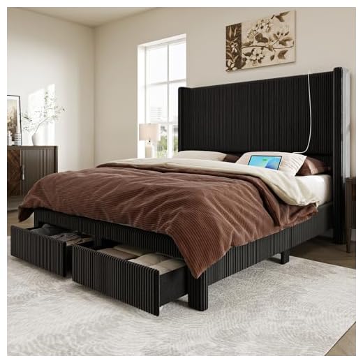 CIKUNASI Queen Bed Frame with Headboard and Storage Drawers, 51.5" Tall Upholstered Bed Frames with LED Lights and Charging Station, No Box Spring Needed, Easy Assembly, Black