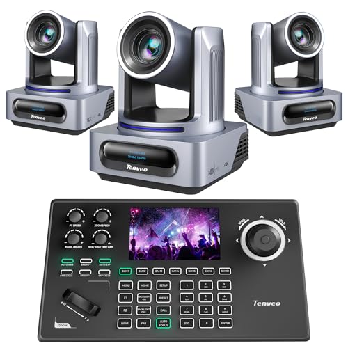 【Bundle Telecamera PTZ e Controller Tenveo】 VX20M-4KN(3PCS)+KB200MAX - Telecamera PTZ NDI 4K Tenveo SDI/HDMI/USB3.0/LAN(PoE), Zoom Ottico 20X, Auto-Tracking AI, Telecamera IP Live Streaming e Controller Joystick PTZ NDI - Anteprima in tempo reale su schermo LCD 5'' Screen, Joystick 4D. Ideale per: funzioni religiose, videoconferenze, scuole, ospedali, matrimoni, live streaming, broadcast, istruzione online e produzione video.