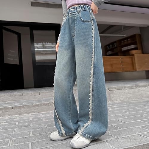 Girls Wide Leg Jeans Baggy Pants with Lace Trim Kids Elastic High Waist Denim Pants with Pockets for Everyday Wear2