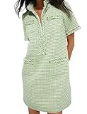 COZYPOIN Mini robe en tweed élégante à manches courtes et col en V pour femme - Robe de travail décontractée 2026, vert, Taille XL