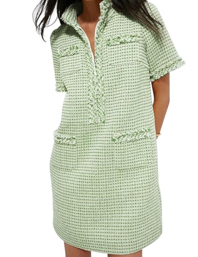 COZYPOIN Womens Tweed Mini Dress Elegant Front Half Zipper Short Sleeve Casual Work Straight Tube Dress with Pockets