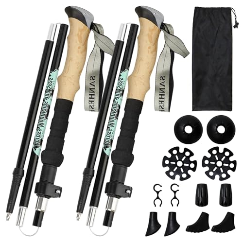 Wanderstöcke 2er-Pack Faltbar, Leichte Aluminiumlegierung mit Stoßfestigkeit & Schnellverschluss, Nordic Walking Stöcke mit Korkgriffen für Wandern, Trekking, Bergsteigen und Ski