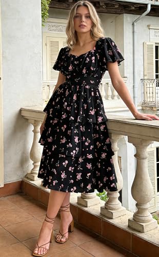 Image of Belle Poque Women's Vintage Square Neck Dress 2026 Summer Short Sleeve Layered Tiered Ruffle A-line Swing Midi Dress